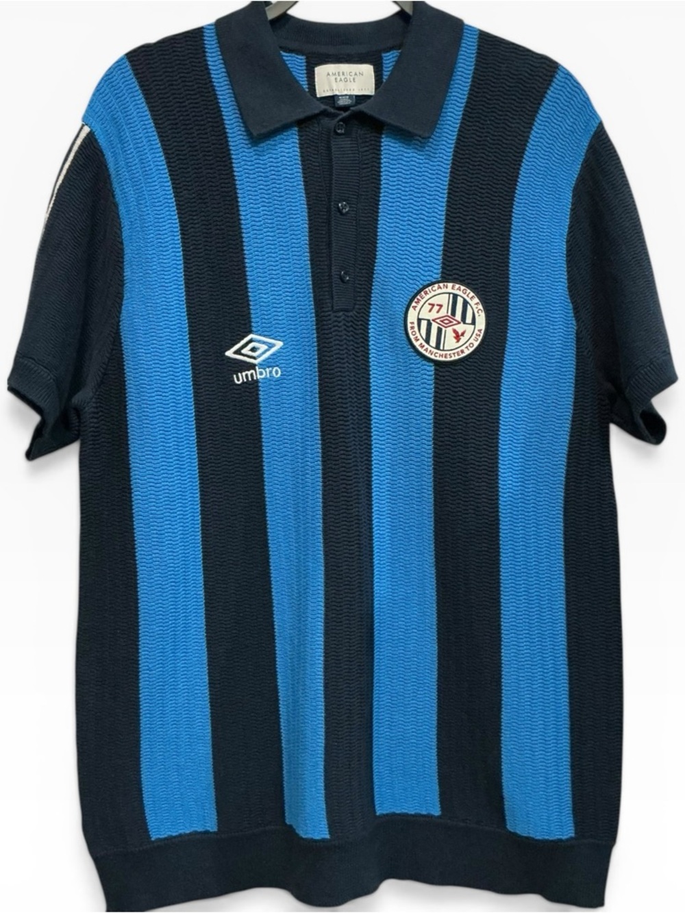 Rare American Eagle Umbro Knit Soccer Jersey Polo Striped #24 Manchester 77 M